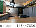 Modern Quiet Study Cafe Interior with Private Desks and Partitions 143447830