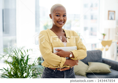Black woman, smile and portrait with tablet for business, website developer with satisfaction in office. Female coder, ebook and happy with technology for online app, confidence in New York City Black woman, smile and portrait with tablet for business, website developer with satisfaction in office. Female coder, ebook and happy with technology for online app, confidence in New York City 143447854