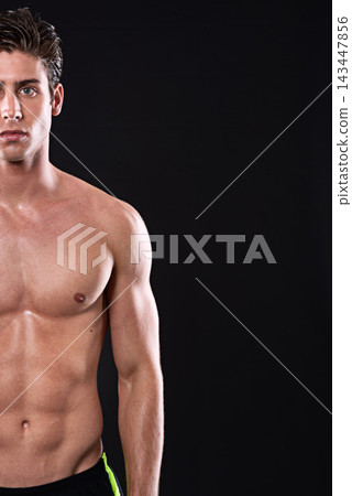 Body, fitness and mockup with portrait of man in studio isolated on black background for health or wellness. Exercise, muscle and space with shirtless or strong athlete in dark for training workout 143447856