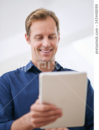 Tablet, businessman and typing for communication and online, digital or email in office. Technology, touchscreen and internet search for attorney person, research or website for networking with smile 143448099