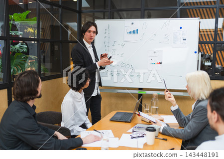 Teamwork brainstorm. Coworkers cooperating working together at office meeting. Colleagues discussing project ideas. Group of people in creative office discussing business. Young professional team 143448191