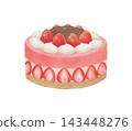 A watercolor illustration of a birthday cake topped with strawberries. 143448276