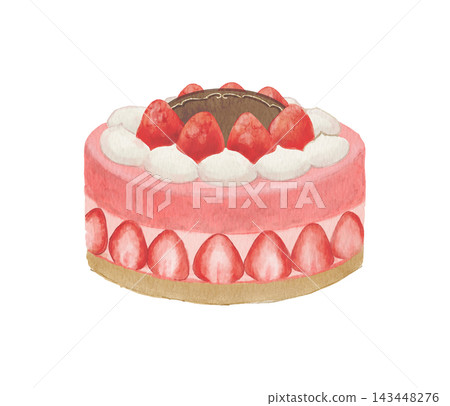 A watercolor illustration of a birthday cake topped with strawberries. 143448276