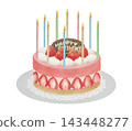 Watercolor illustration of a birthday cake topped with strawberries 143448277
