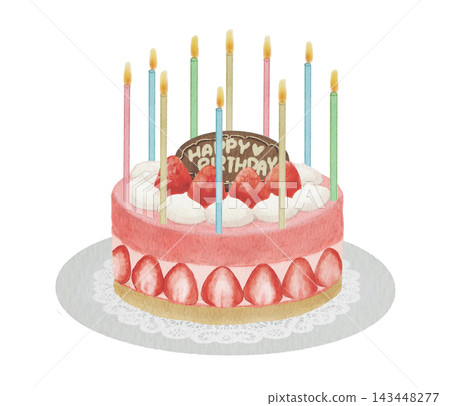 Watercolor illustration of a birthday cake topped with strawberries Watercolor illustration of a birthday cake topped with strawberries 143448277