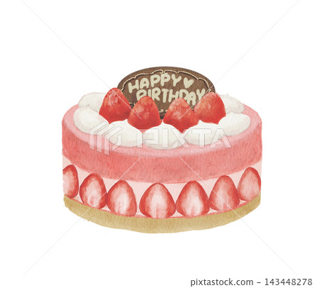 Watercolor illustration of a birthday cake topped with strawberries Watercolor illustration of a birthday cake topped with strawberries 143448278