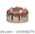 A watercolor illustration of a chocolate cake topped with strawberries. 143448279
