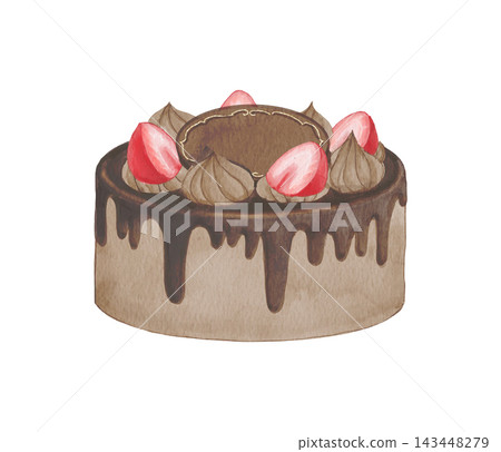 A watercolor illustration of a chocolate cake topped with strawberries. A watercolor illustration of a chocolate cake topped with strawberries. 143448279