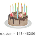 A watercolor illustration of a chocolate birthday cake topped with strawberries. 143448280