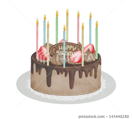 A watercolor illustration of a chocolate birthday cake topped with strawberries. A watercolor illustration of a chocolate birthday cake topped with strawberries. 143448280