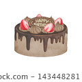 Watercolor illustration of a birthday cake topped with strawberries 143448281