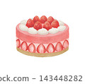 Watercolor illustration of a decorated cake topped with strawberries 143448282