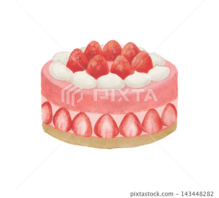Watercolor illustration of a decorated cake topped with strawberries Watercolor illustration of a decorated cake topped with strawberries 143448282