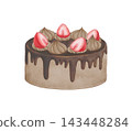 A watercolor illustration of a chocolate cake topped with strawberries. 143448284