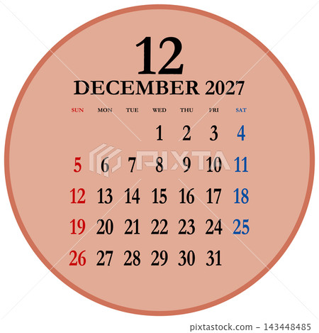 Circular calendar for December 2027, starting on Sunday. 143448485