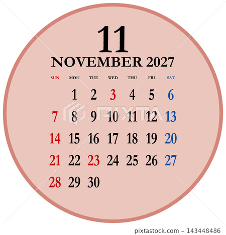 Circular calendar for November 2027, starting on Sunday. 143448486