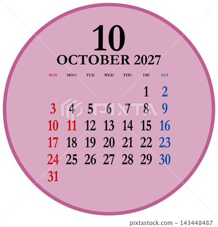 Circular calendar for October 2027, starting on Sunday. 143448487
