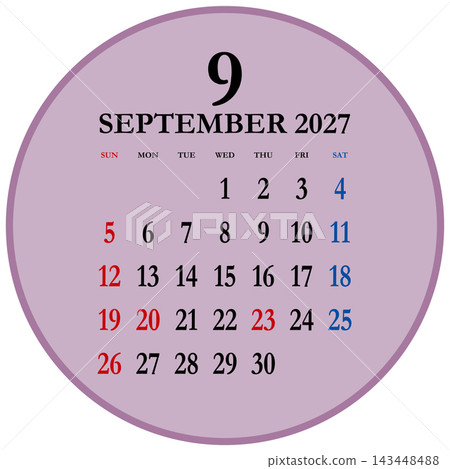 Circular calendar for September 2027, Sunday start. 143448488