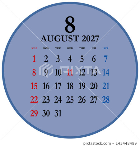 Circular calendar for August 2027, Sunday start. 143448489