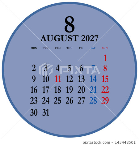 Circular calendar for August 2027, Monday start. Circular calendar for August 2027, Monday start. 143448501