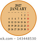 January 2027 circular calendar, Monday start, no Japanese public holidays indicated. 143448530