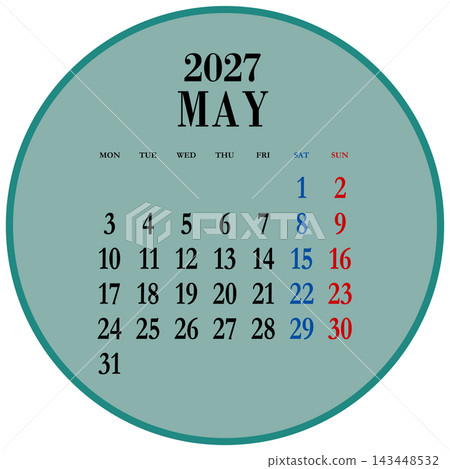 Circular calendar for May 2027, Monday start, no Japanese public holidays indicated. Circular calendar for May 2027, Monday start, no Japanese public holidays indicated. 143448532