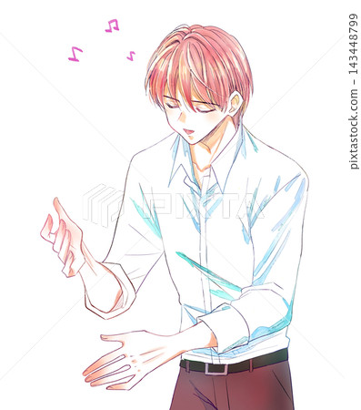 A man singing with a smile, musical notes A man singing with a smile, musical notes 143448799
