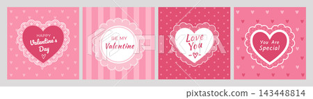 Valentines Day poster set. Romantic love cards. Trendy romantic posters with festive frames, hearts and lace. Coquette wedding banner. Vector set. Valentines Day poster set. Romantic love cards. Trendy romantic posters with festive frames, hearts and lace. Coquette wedding banner. Vector set. 143448814