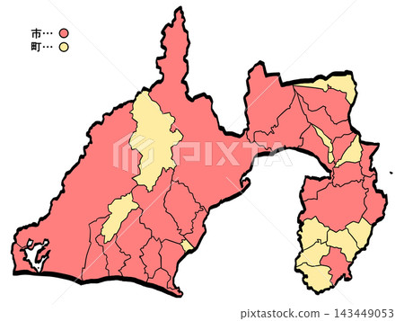Shizuoka Prefecture Map: City/Town Color (Brushstroke Style) - Japanese Style Shizuoka Prefecture Map: City/Town Color (Brushstroke Style) - Japanese Style 143449053