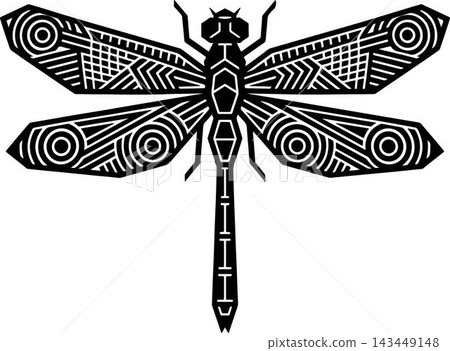 Detailed dragonfly illustration features geometric patterns and a white background 143449148