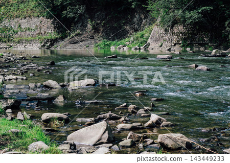 River flowing gently over rocks in a serene natural landscape near a rocky bank River flowing gently over rocks in a serene natural landscape near a rocky bank 143449233