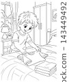 Boy folding clothes and organizing a neat stack on a bed in a bedroom coloring page 143449492