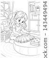 Girl folding clothes and organizing clean laundry in a children room coloring page 143449494