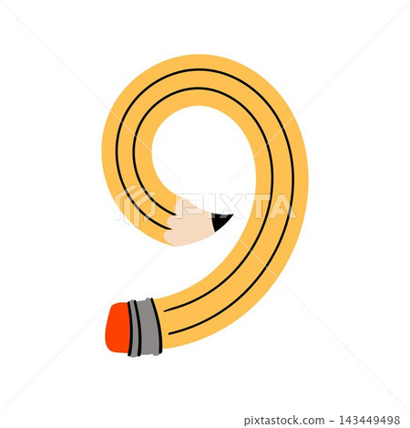 Yellow pencil shaped into number 9. Fun numeral nine, perfect for educational cards, stationery, children's learning materials. Yellow pencil shaped into number 9. Fun numeral nine, perfect for educational cards, stationery, children's learning materials. 143449498