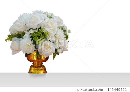 front view white roses and white flower and green leaves on golden phan on grey floor, white wall background, fruit, food, fresh, object, copy space front view white roses and white flower and green leaves on golden phan on grey floor, white wall background, fruit, food, fresh, object, copy space 143449521