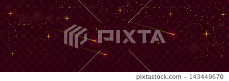 Starry night transparent. Golden dust and falling asteroids on dark red background. Sky Vector illustration. Starry night transparent. Golden dust and falling asteroids on dark red background. Sky Vector illustration. 143449670