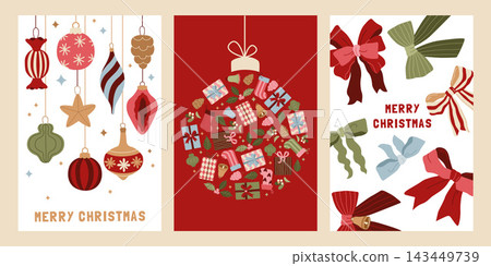 Hand-drawn Merry Christmas greeting cards with Christmas ornaments, vintage baubles, gifts, bows, stocking for party invitation 143449739