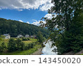 Scenic view of a river and houses near a forest during daylight in a rural area 143450020