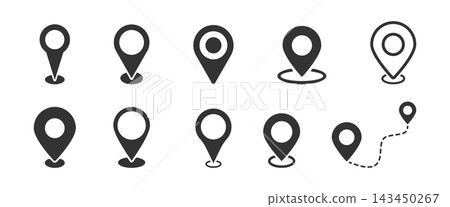 Location pin icon set, Minimalist location pin vector icon set with map markers, GPS navigation pointers, and route symbols isolated on a clean white background, location pin silhouettes. 143450267