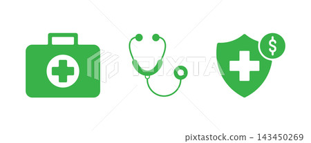 Green medical and healthcare vector icons set featuring a first aid kit, a clinical stethoscope, and a health insurance shield symbol graphic Green medical and healthcare vector icons set featuring a first aid kit, a clinical stethoscope, and a health insurance shield symbol graphic 143450269