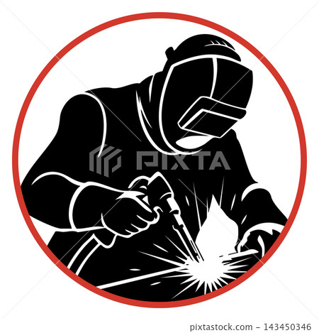 Silhouette of a welder in a protective mask with bright sparks Silhouette of a welder in a protective mask with bright sparks 143450346