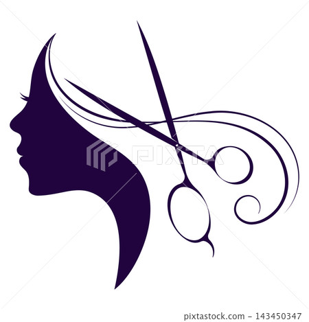 Silhouette of a young woman with a lock of hair and scissors 143450347