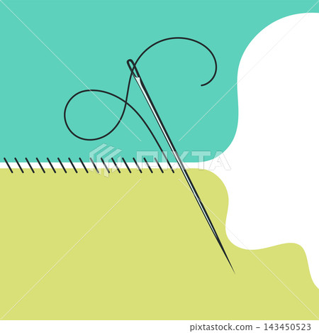 Needle and thread sews two colored fabrics together 143450523