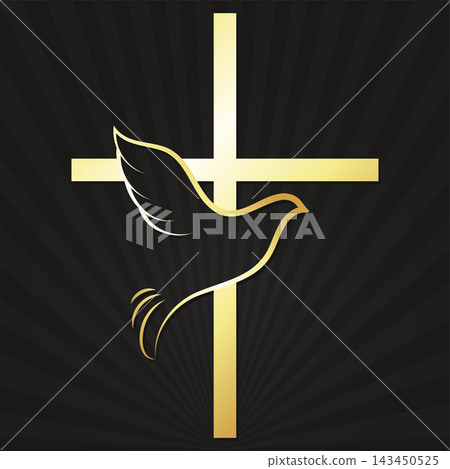 Silhouette of a dove of peace and a golden Christian cross 143450525