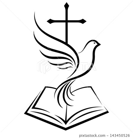 Silhouette of a dove of peace, a Christian cross and an open Bible Silhouette of a dove of peace, a Christian cross and an open Bible 143450526