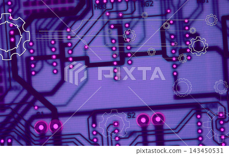 Pattern Of Blue PCB With Mechanical Draw Design of Cogwheels in Print Circuit Style. Cyberspace and Artificial Intelligence Illustrative Stock Image  143450531