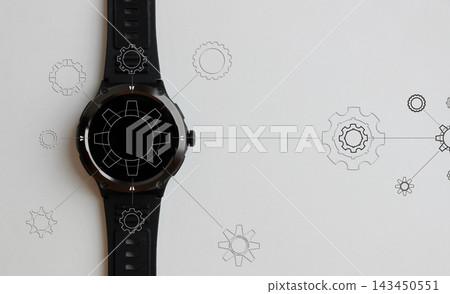 Contours of Transparent Gears Connected Between Each Other on Black Digital  Watch and white Copy Space  143450551