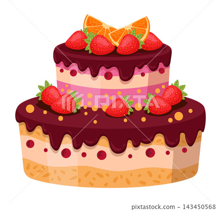 Chocolate strawberry cake. Layered sponge cake with cream, chocolate glaze, strawberries and citrus slices flat vector illustration. Festive dessert for bakery design 143450568