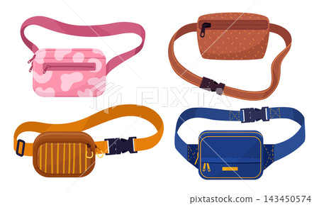 Everyday belt bags. Compact waist packs with adjustable straps and practical zip compartments flat vector illustration set. Travel and casual fashion accessories 143450574