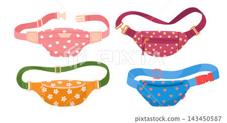 Patterned waist bags. Belt packs with printed fabrics, adjustable straps and zip closures flat vector illustration set. Casual travel accessories and streetwear design Patterned waist bags. Belt packs with printed fabrics, adjustable straps and zip closures flat vector illustration set. Casual travel accessories and streetwear design 143450587